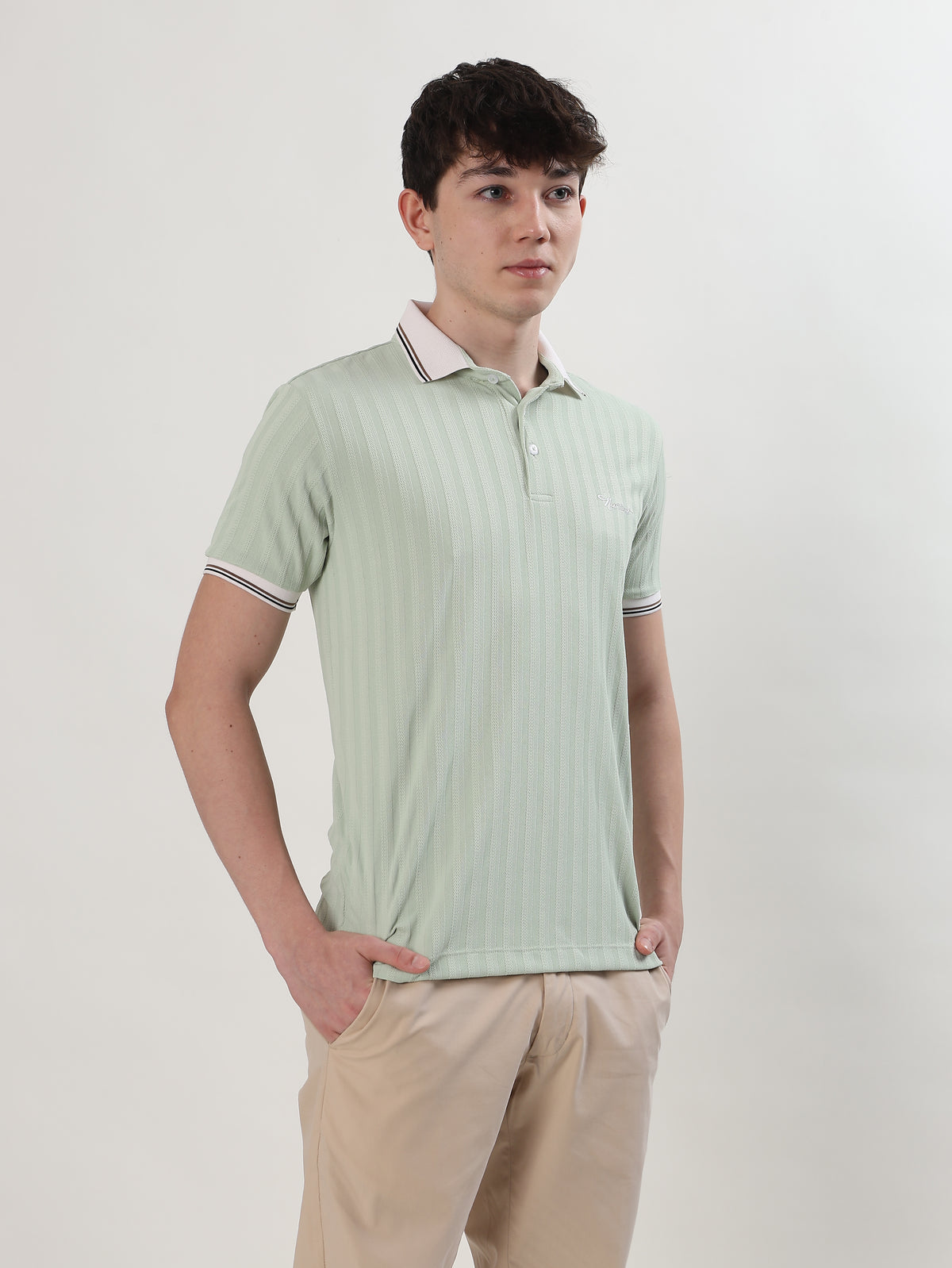 MEN MINT GREEN TEXTURED REGULAR FIT POLO T-SHIRT
