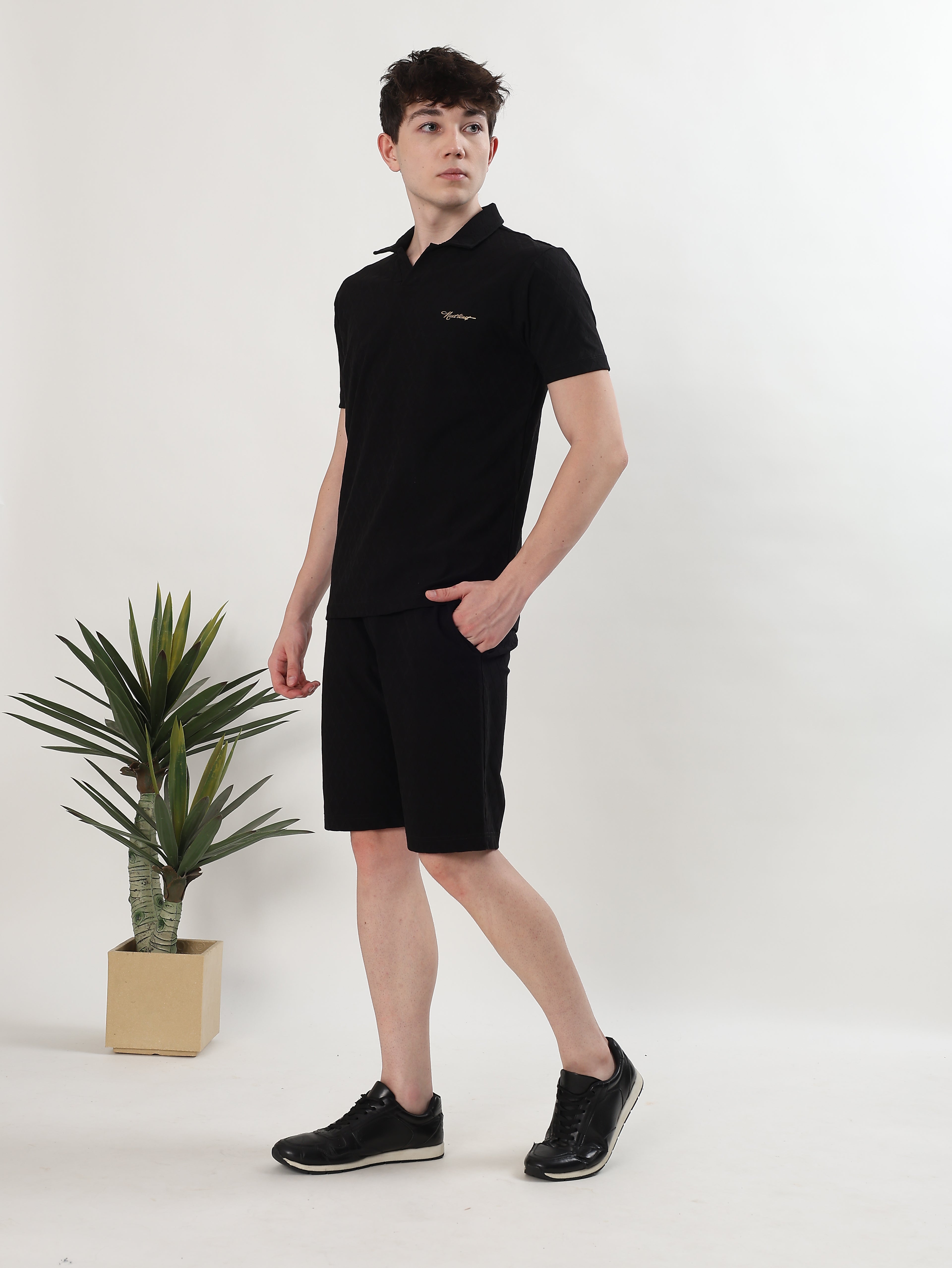 MEN BLACK TEXTURED POLO T-SHIRT AND SHORTS CO-ORD SET