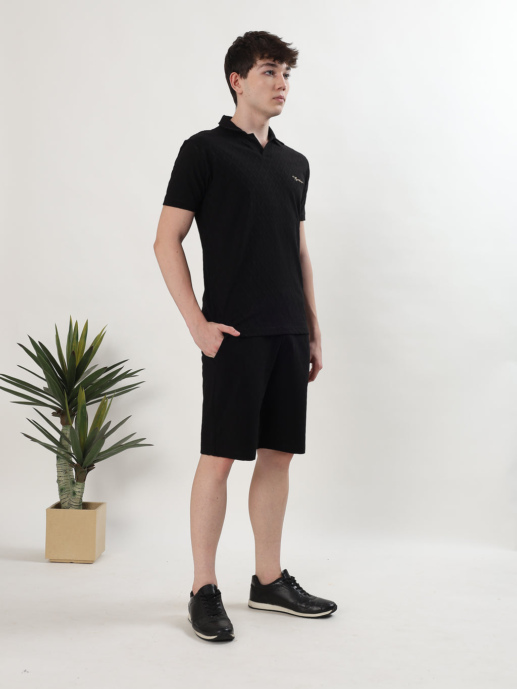 MEN BLACK TEXTURED POLO T-SHIRT AND SHORTS CO-ORD SET