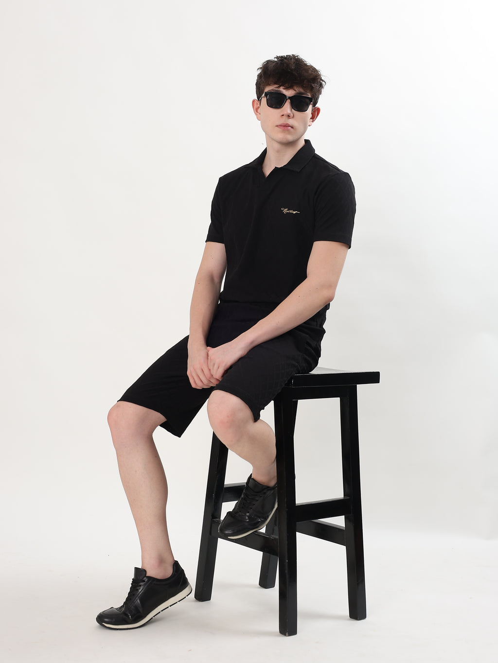 MEN BLACK TEXTURED POLO T-SHIRT AND SHORTS CO-ORD SET