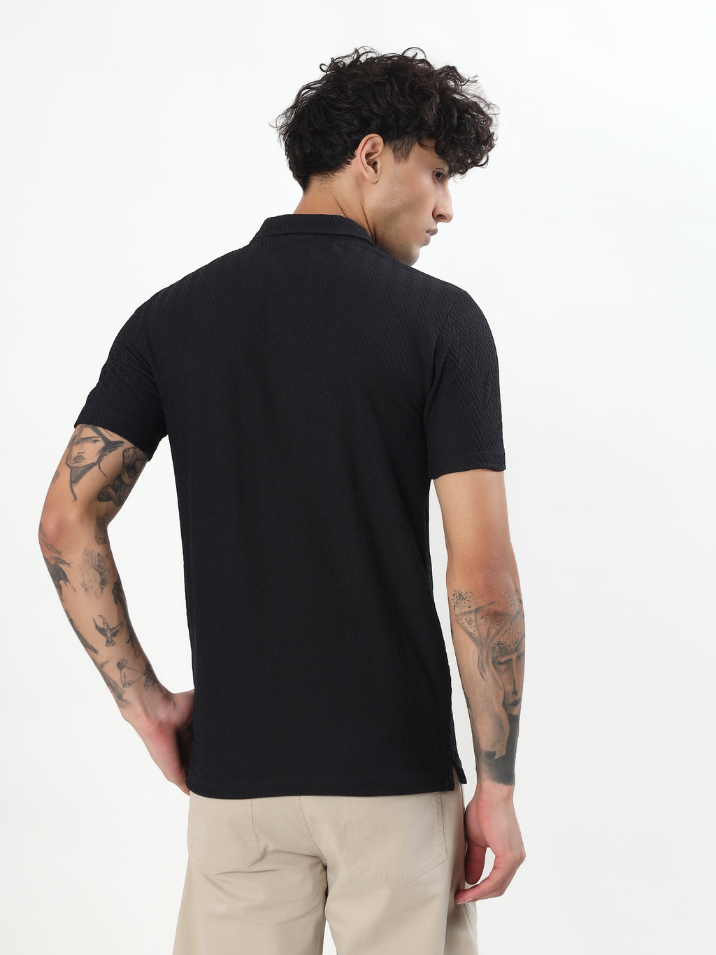 BLACK TEXTURED ZIP POLO T-SHIRT