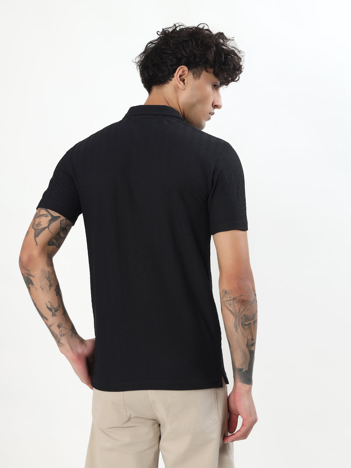 BLACK TEXTURED ZIP POLO T-SHIRT