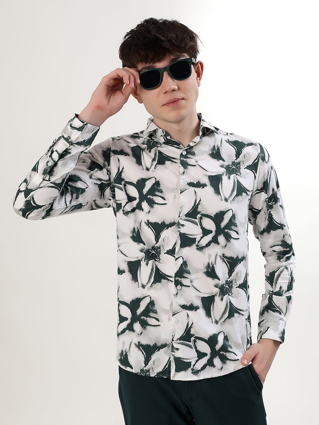 WHITE & FOREST GREEN FLORAL PRINT
