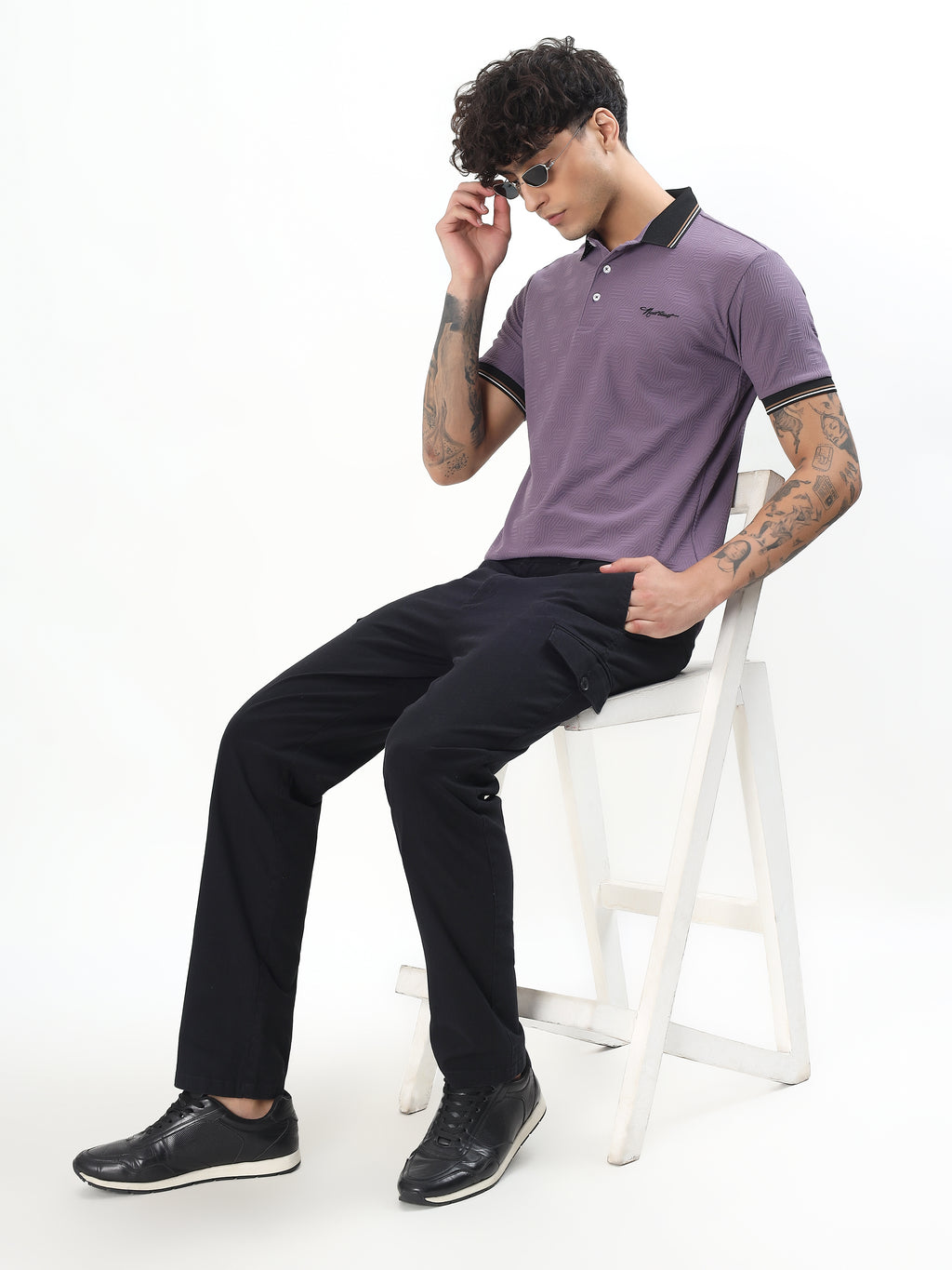 GEOMETRIC TEXTURED TIPPED POLO T-SHIRT - Dusty Purple