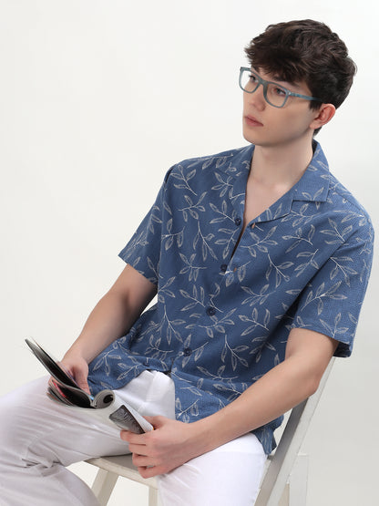 DUSTY BLUE BOTANICAL PRINT HALF SLEEVE RESORT SHIRT