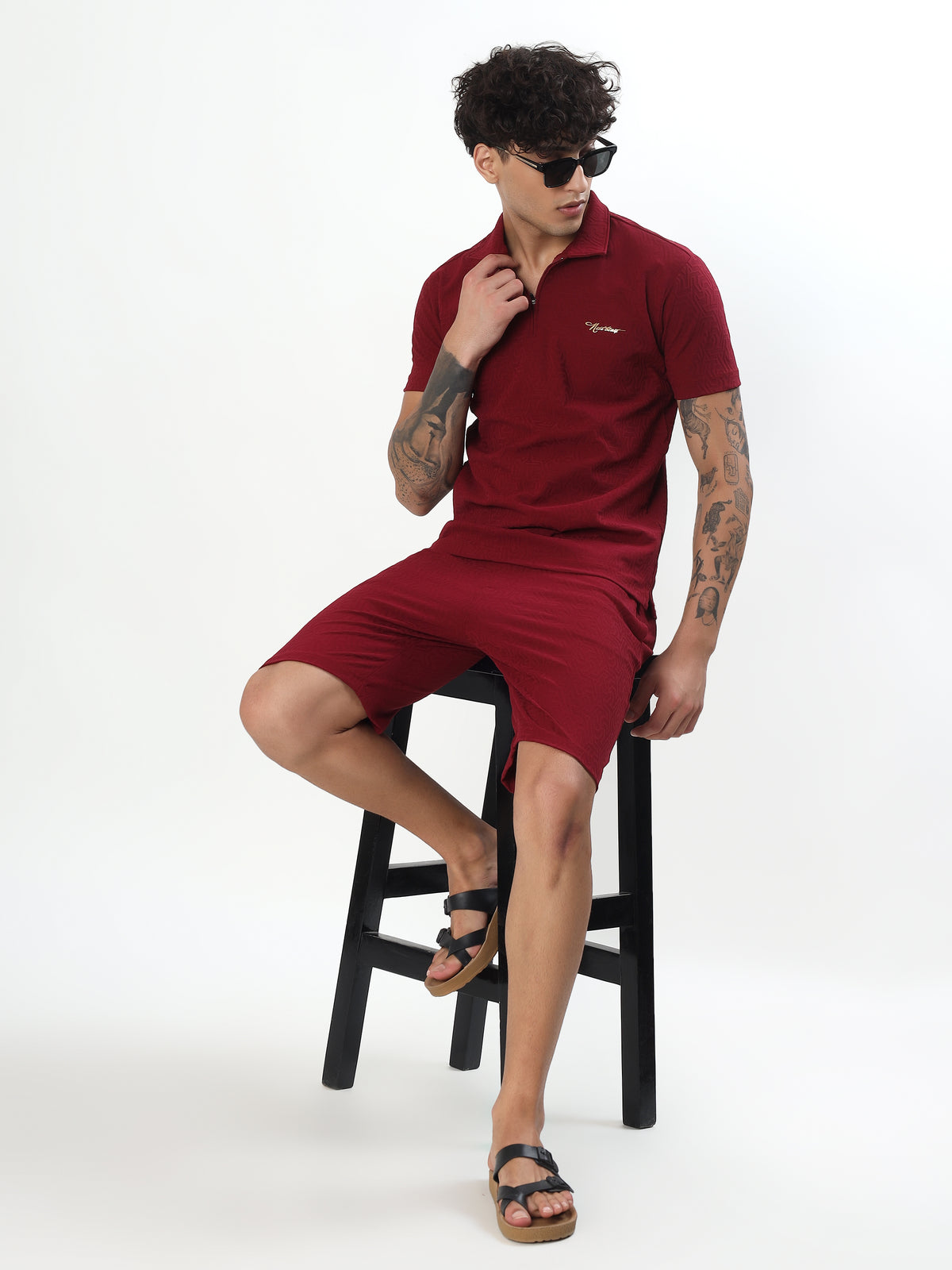 WINE RED JACQUARD POLO CO-ORD SET
