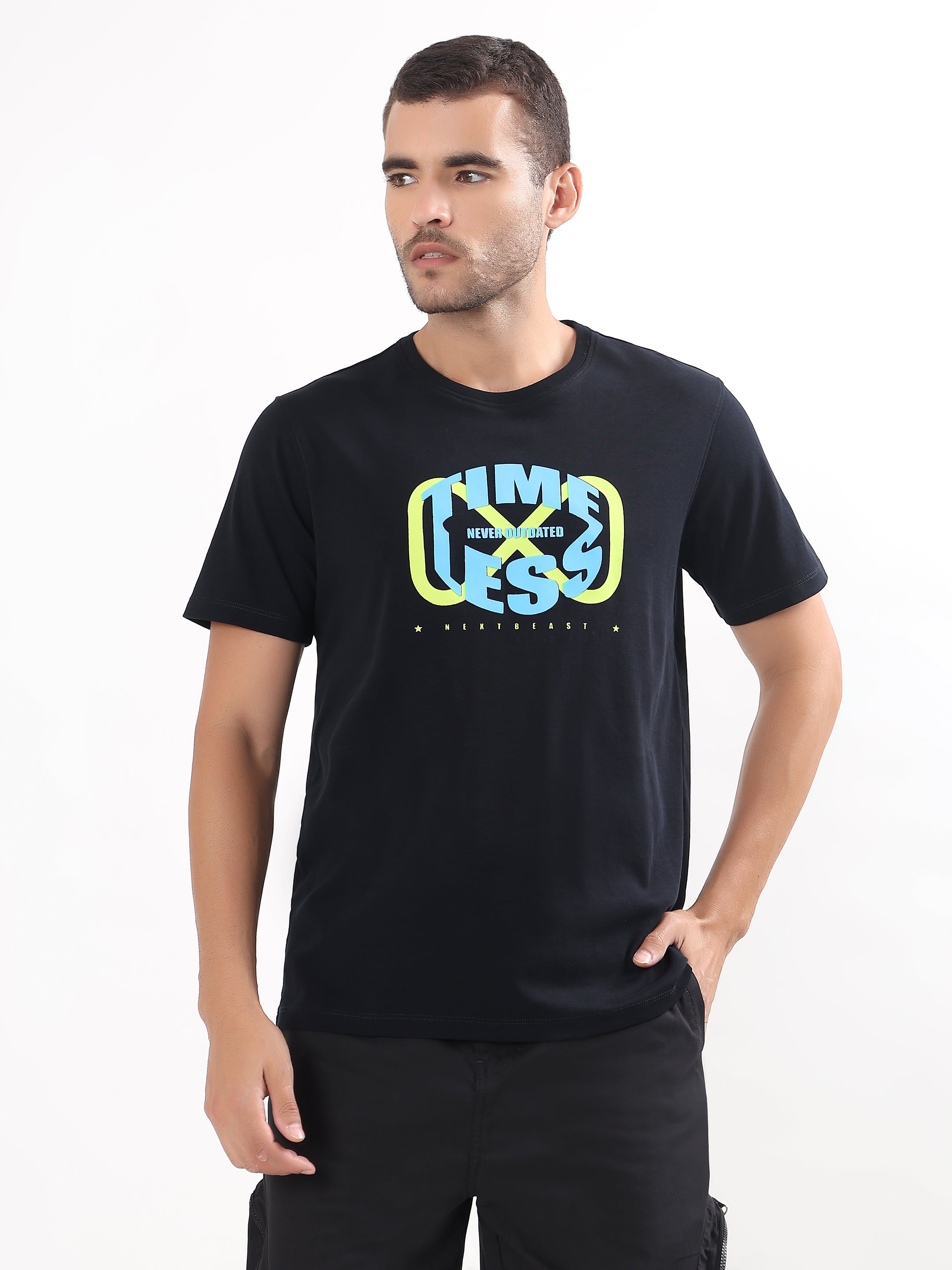 MEN BLACK TIMELESS GRAPHIC REGULAR T-SHIRT