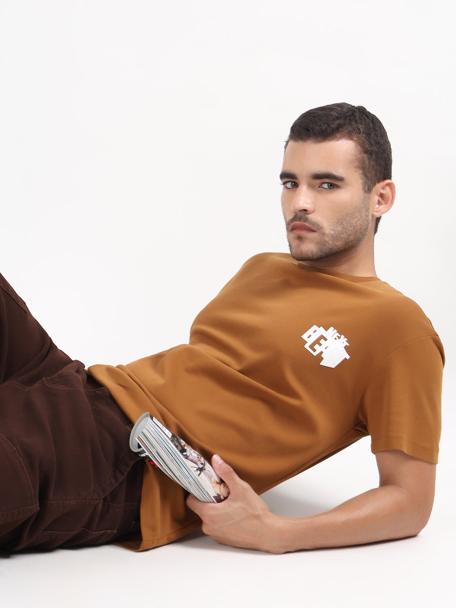 MUSTARD BROWN BEAST GRAPHIC OVERSIZED T-SHIRT