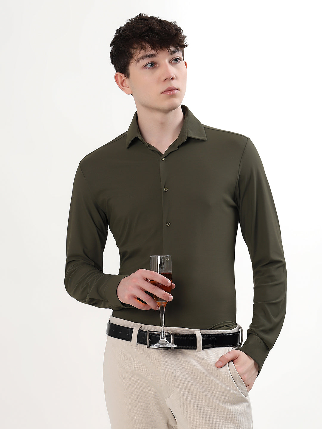OLIVE GREEN STRETCH KNIT/NYLON-SPANDEX BLEND