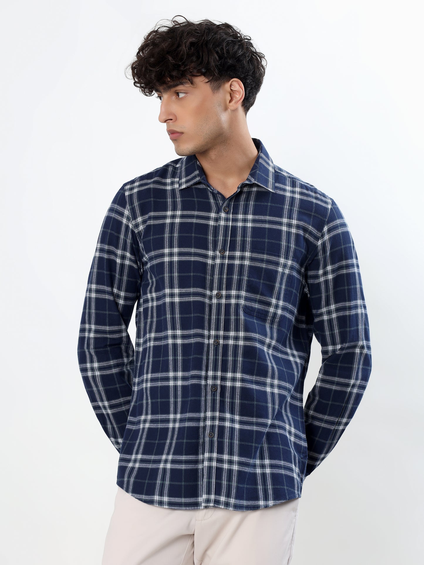 NAVY BLUE AND WHITE TARTAN GLEN CHECKED CASUAL SHIRT