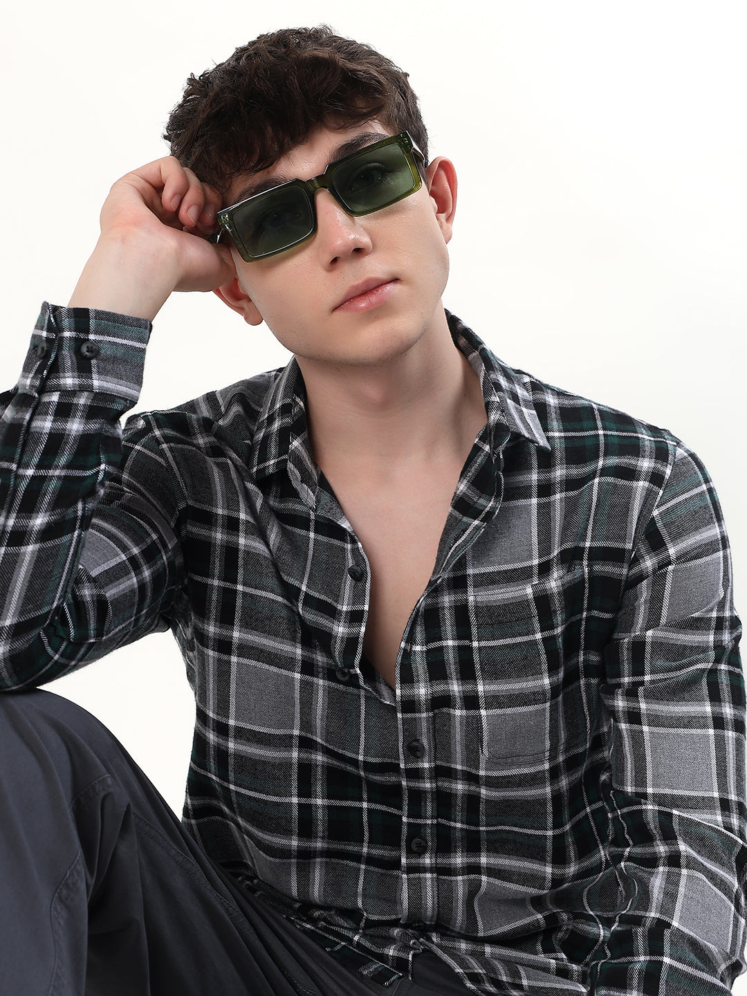 CHARCOAL GREY, GREEN & BLACK PLAID