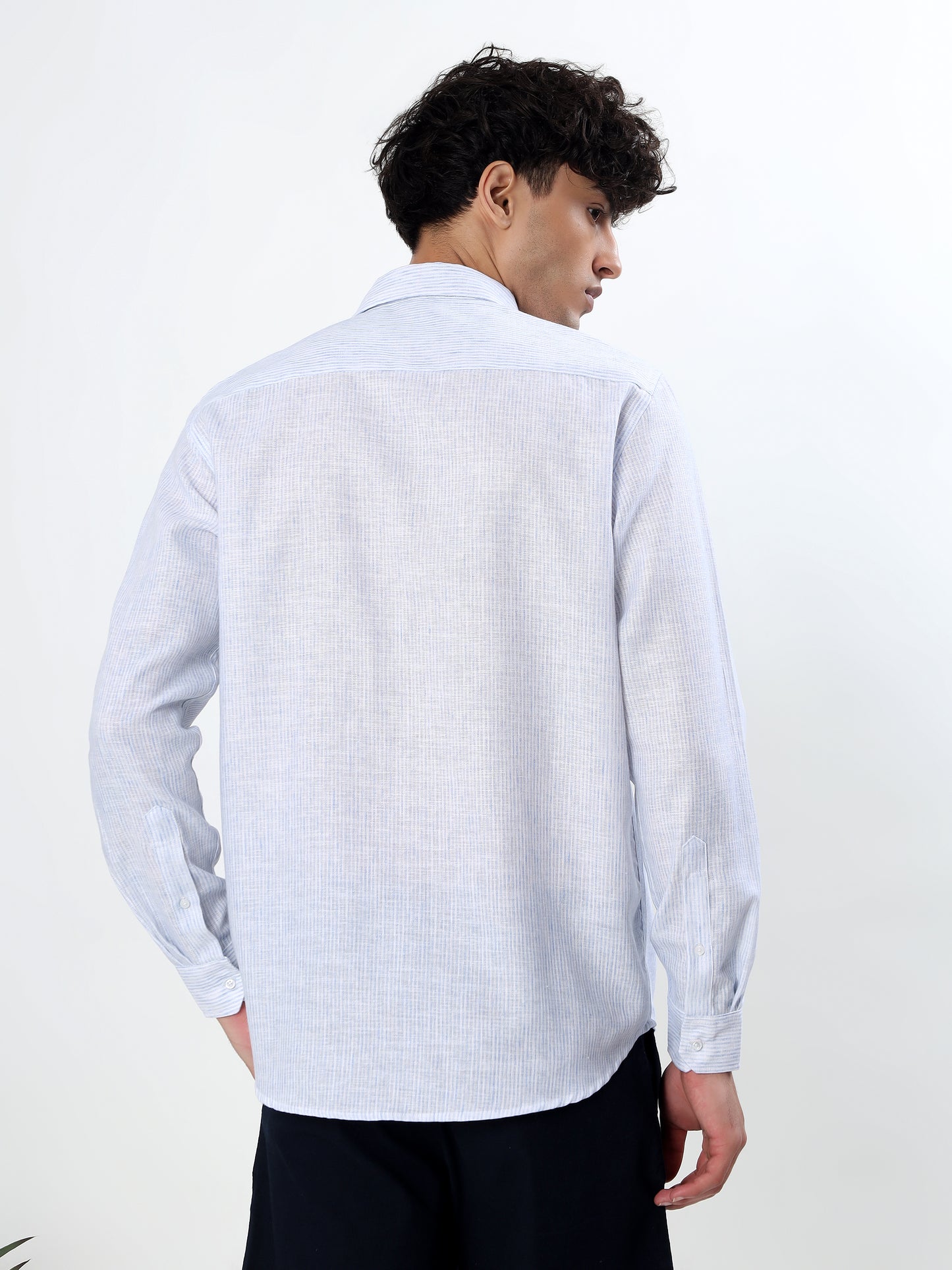 WHITE AND ICE BLUE TEXTURED PINSTRIPES FULL SLEEVE LINEN BLEND SHIRT