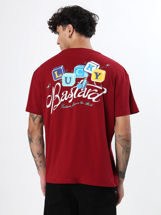 "LUCKY BASTARD FORTUNE FAVORS THE BOLD" GRAPHIC PRINTED OVERSIZED T-SHIRT
