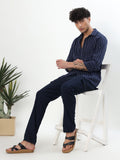 NAVY BLUE AND WHITE VERTICAL PINSTRIPED