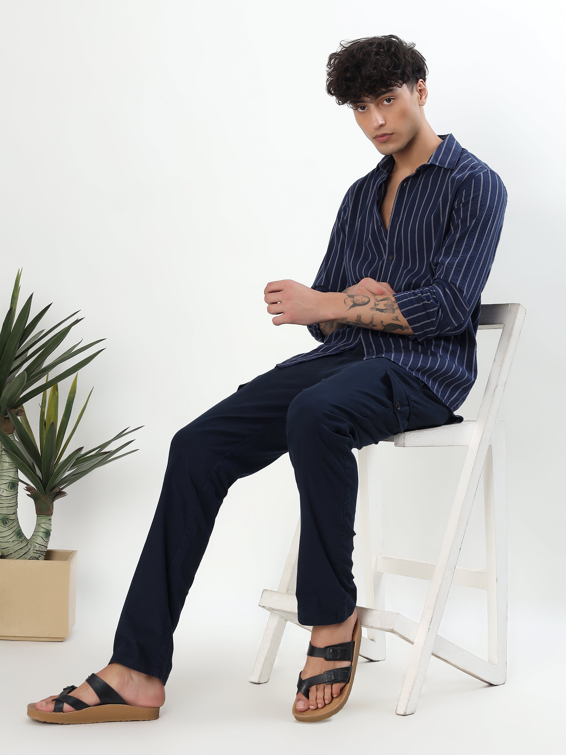 NAVY BLUE AND WHITE VERTICAL PINSTRIPED