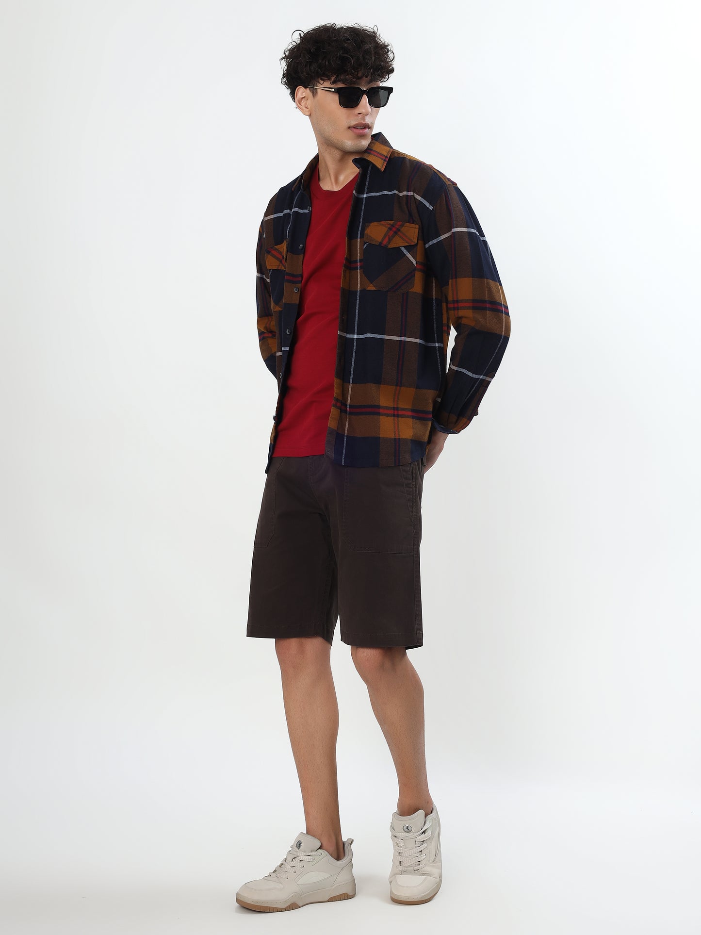 NAVY BLUE AND MUSTARD TARTAN CHECKED OVER-SHIRT