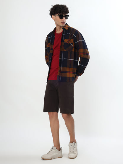 NAVY BLUE AND MUSTARD TARTAN CHECKED OVER-SHIRT