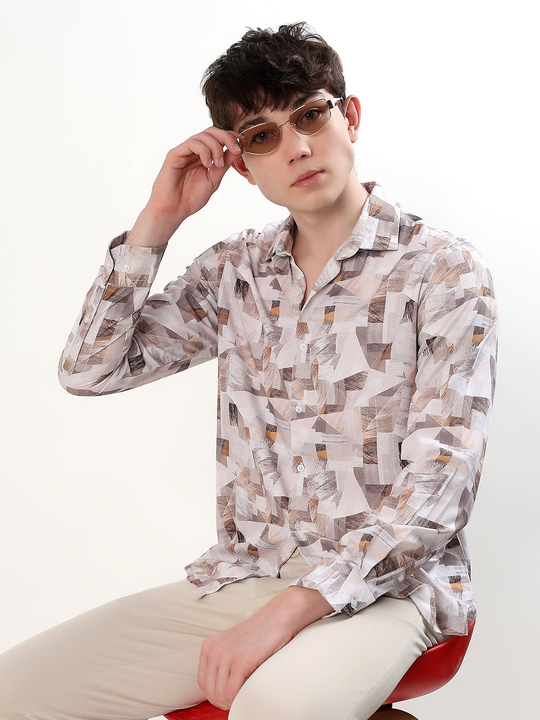 OFF-WHITE, BEIGE, TAUPE & BROWN ABSTRACT GEOMETRIC PRINT
