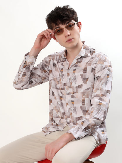 OFF-WHITE, BEIGE, TAUPE & BROWN ABSTRACT GEOMETRIC PRINT FULL SLEEVE SHIRT