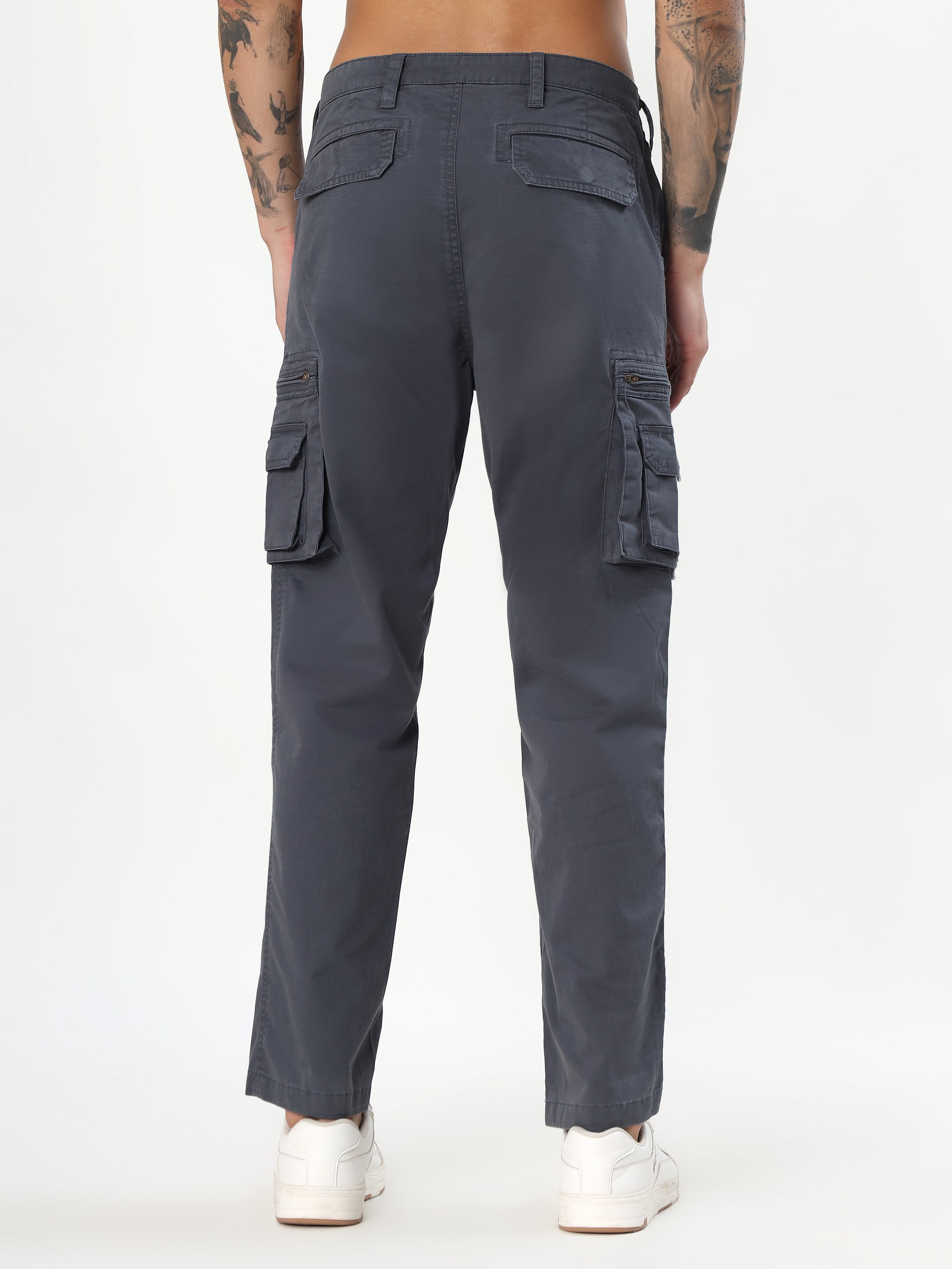 MEN DARK GREY MULTI-POCKET CARGO PANTS