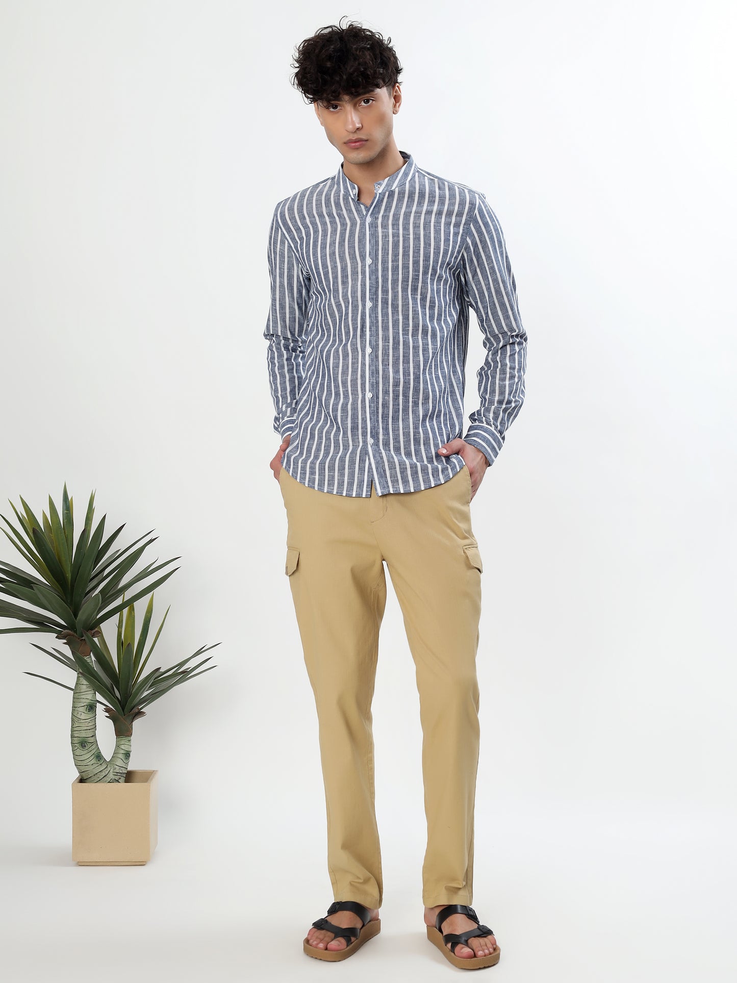 BLUE AND WHITE STRIPED MANDARIN COLLAR CASUAL SHIRT