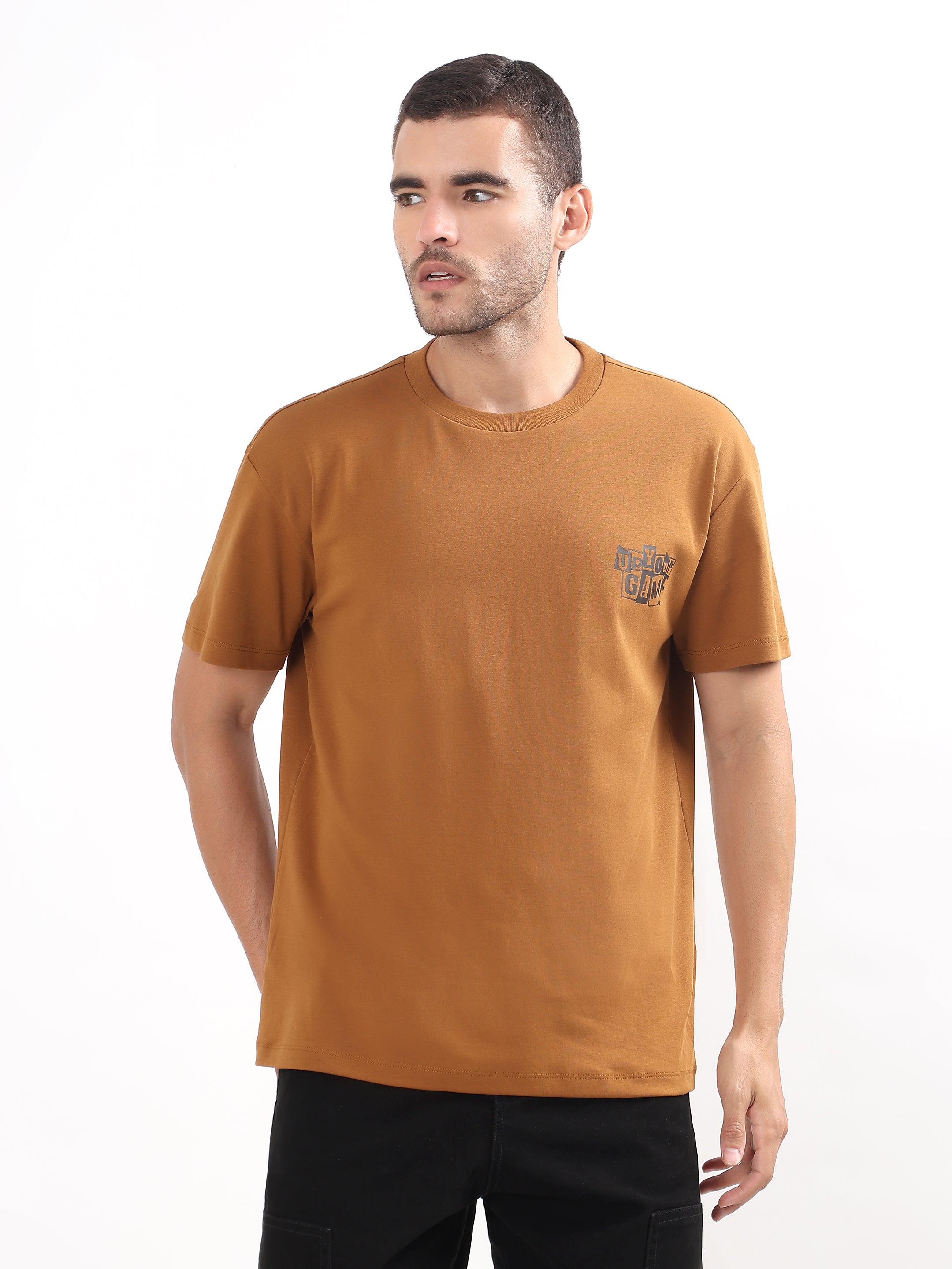 MUSTARD BROWN OVERSIZED PRINTED T-SHIRT