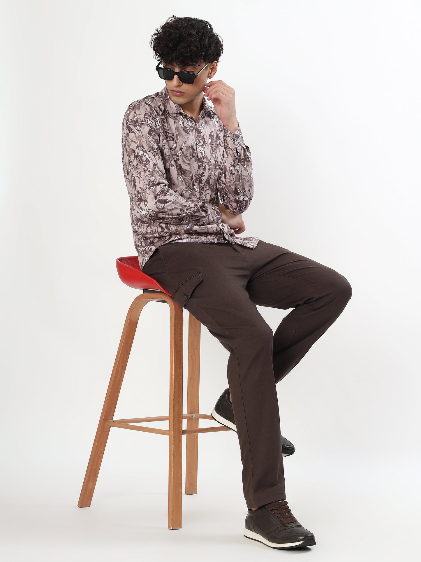 BEIGE AND BROWN ABSTRACT FLORAL SWIRL CASUAL SHIRT