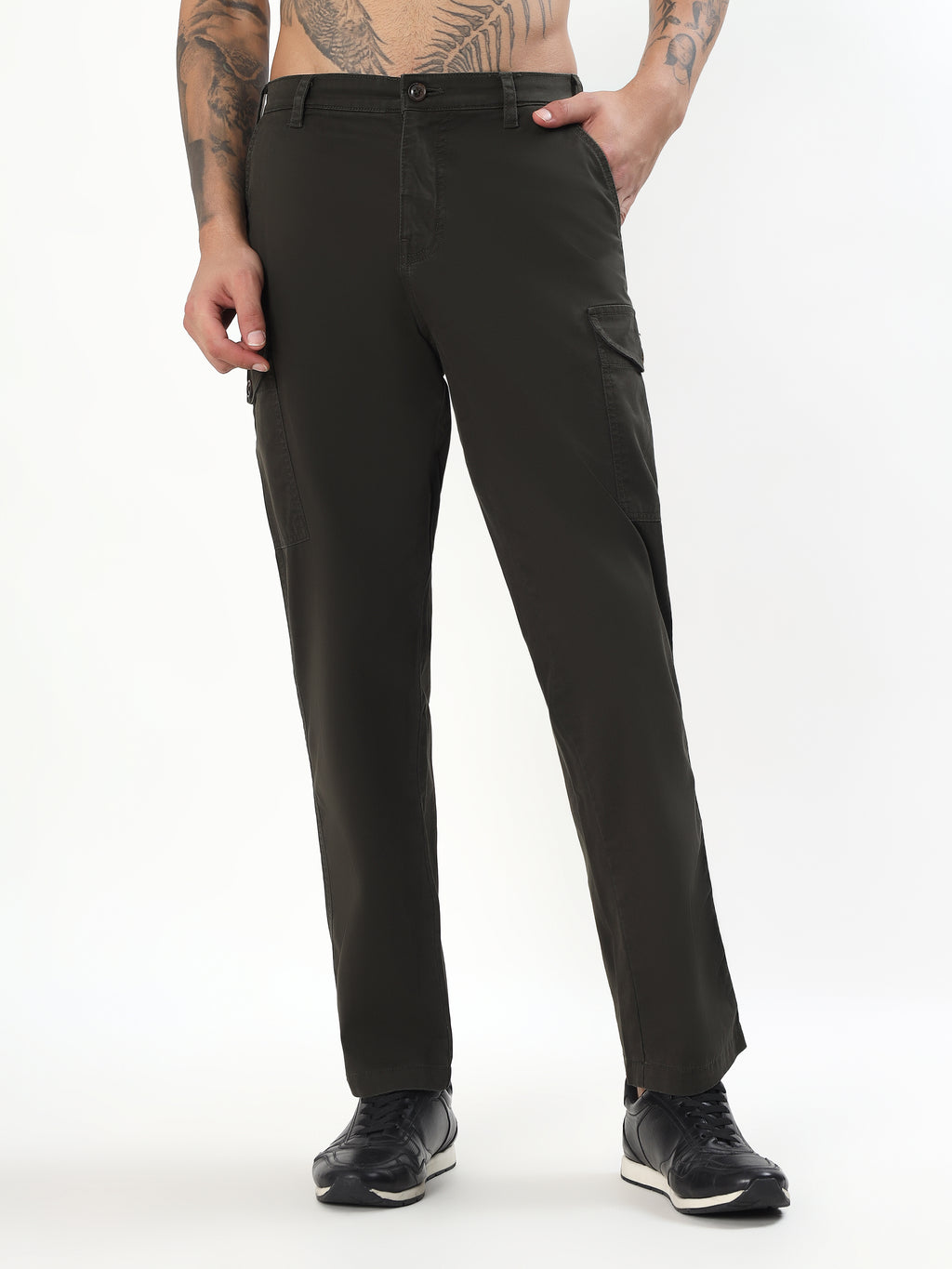 MEN OLIVE GREEN FIT FLAT-FRONT CARGO PANTS
