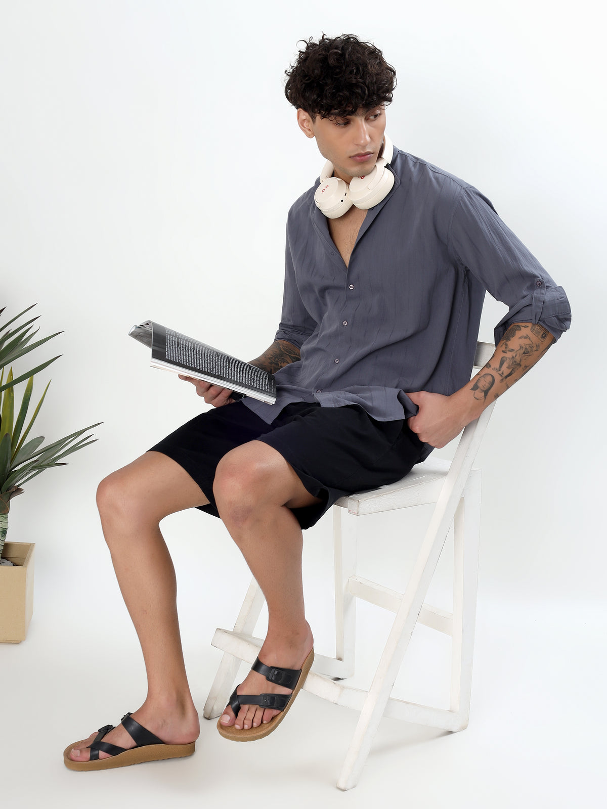 SEERSUCKER MANDARIN COLLAR GREY