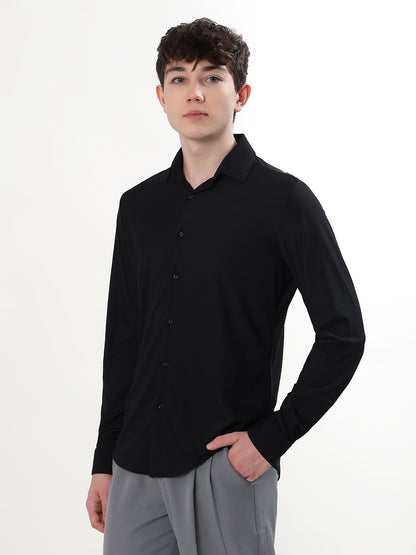 JET BLACK PREMIUM STRETCH KNIT / NYLON-SPANDEX BLEND FULL SLEEVE SLIM FIT SHIRT