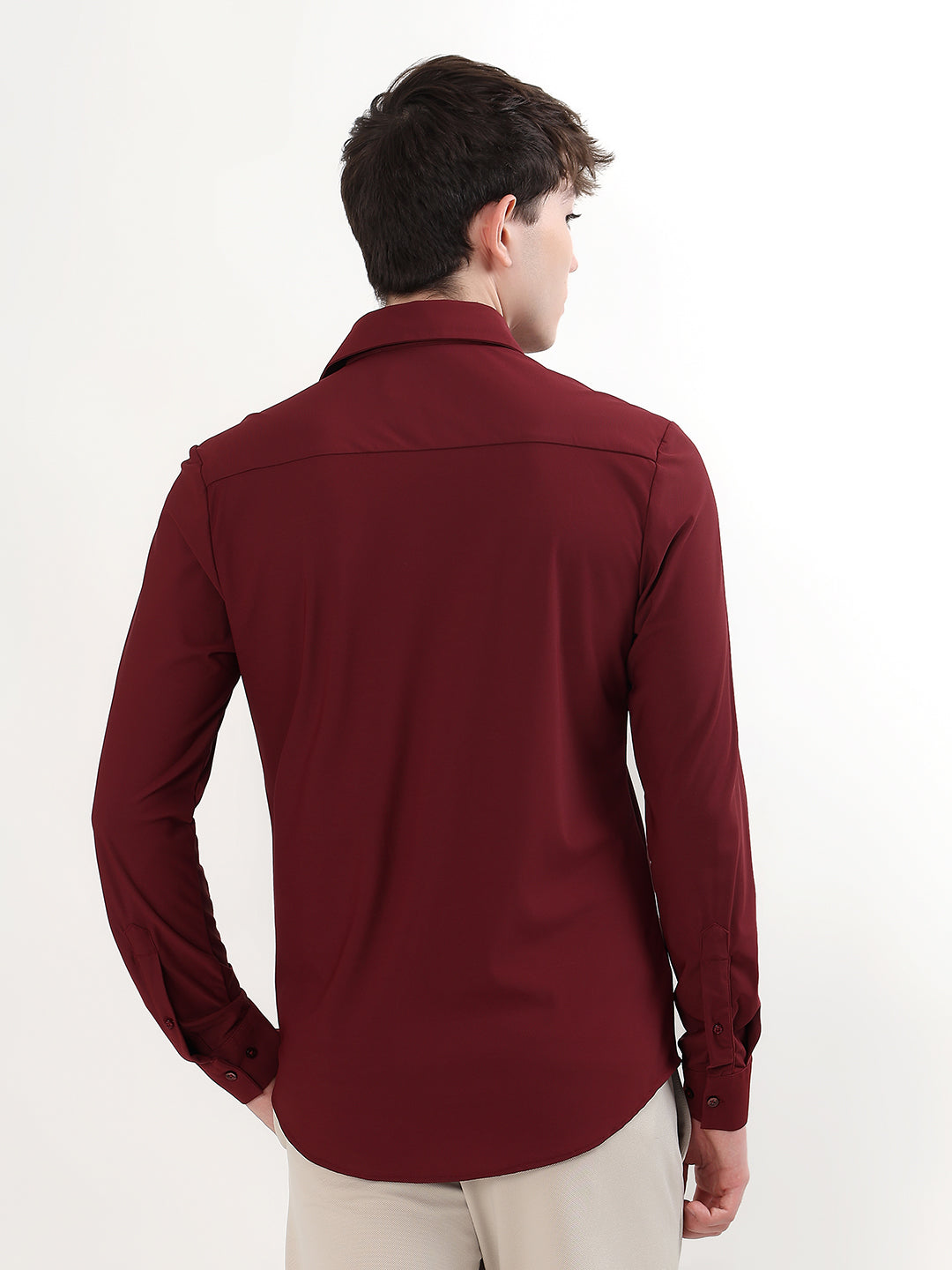 BURGUNDY PREMIUM STRETCH KNIT / NYLON-SPANDEX BLEND FULL SLEEVE SLIM FIT SHIRT