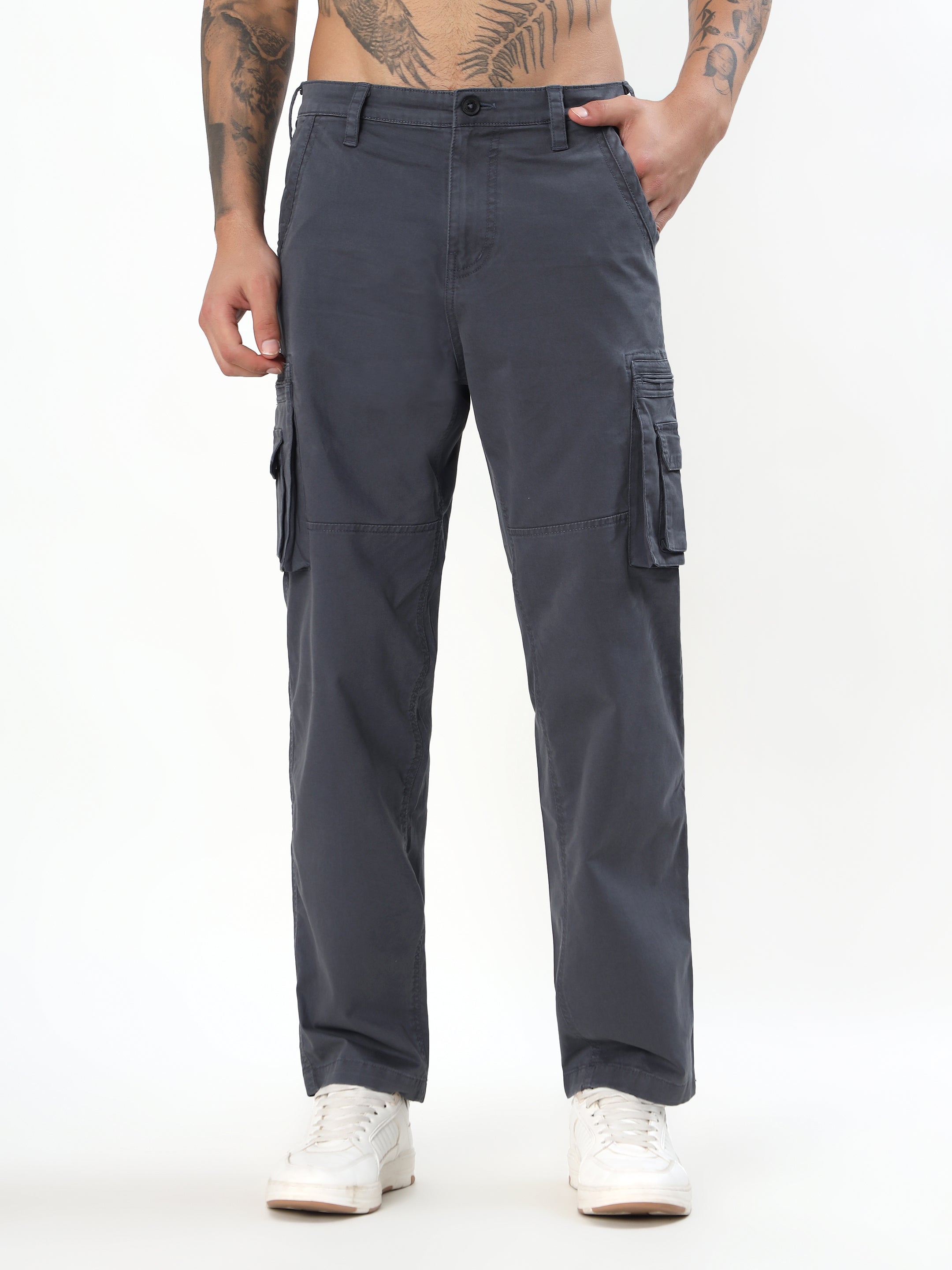 MEN DARK GREY MULTI-POCKET CARGO PANTS