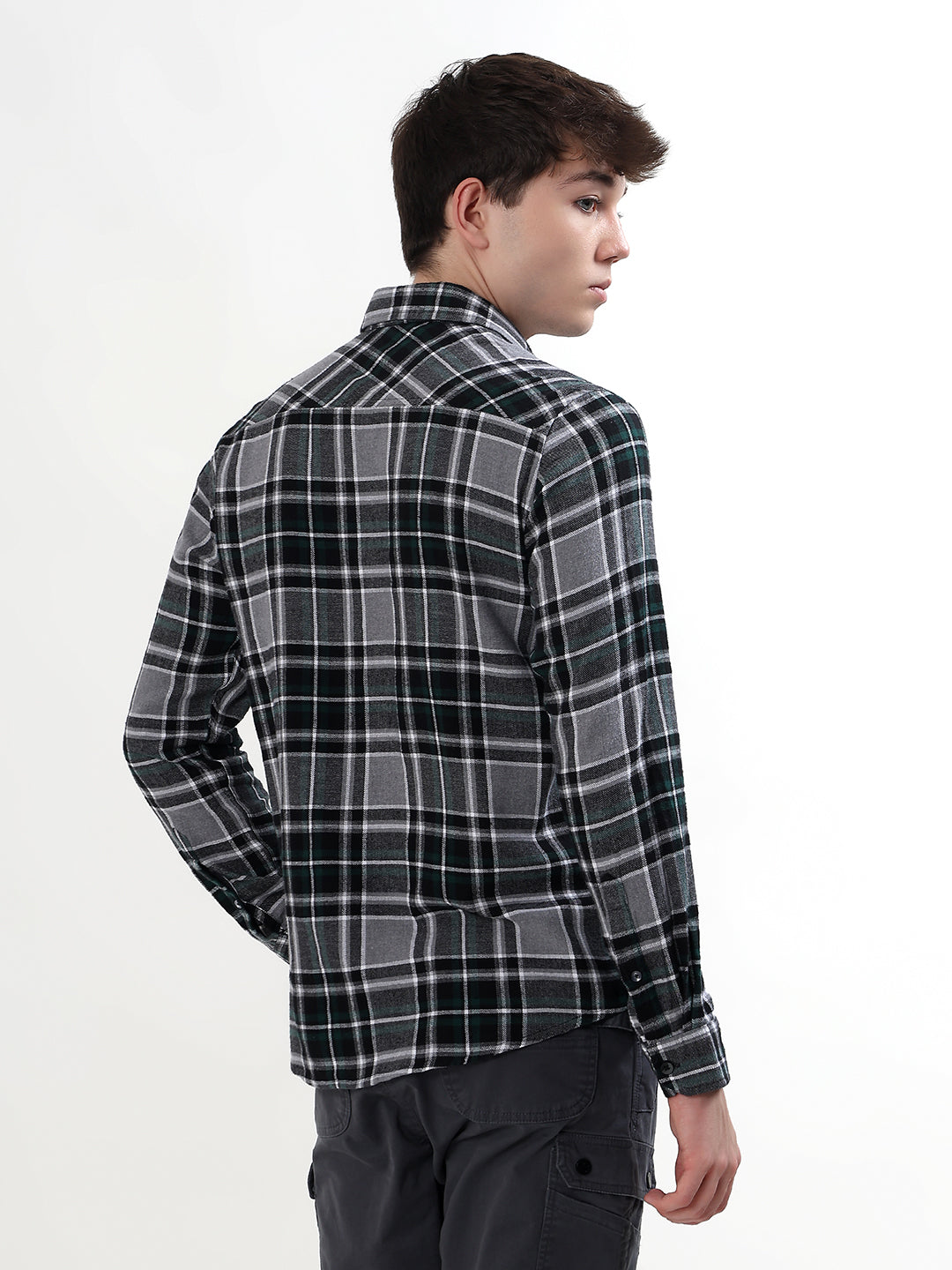 CHARCOAL GREY, GREEN & BLACK PLAID