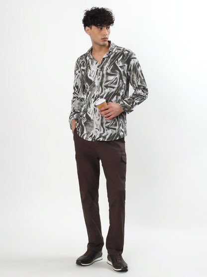 CHARCOAL GREY AND OFF-WHITE ABSTRACT BRUSHSTROKE CASUAL SHIRT