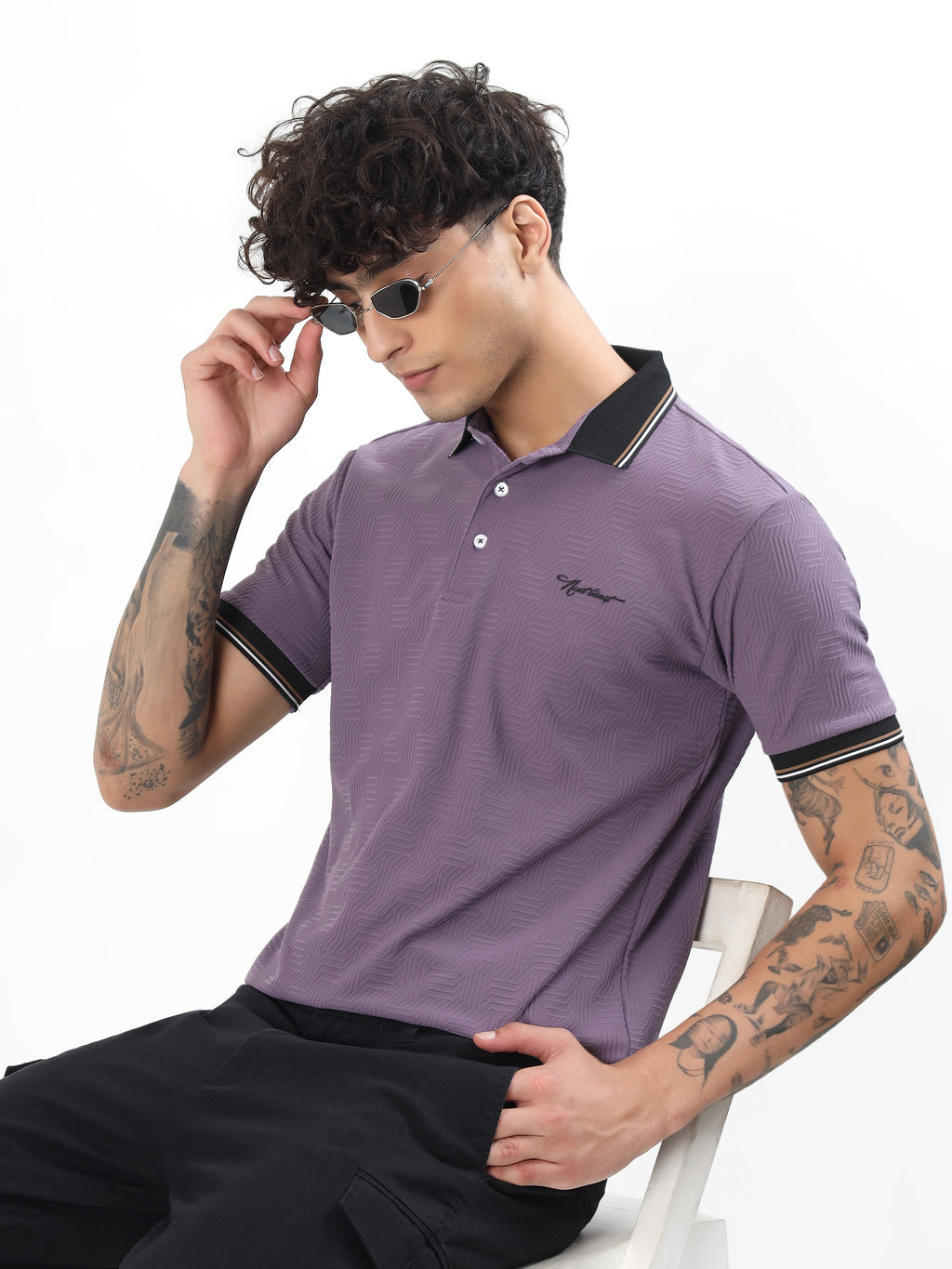 GEOMETRIC TEXTURED TIPPED POLO T-SHIRT - Dusty Purple