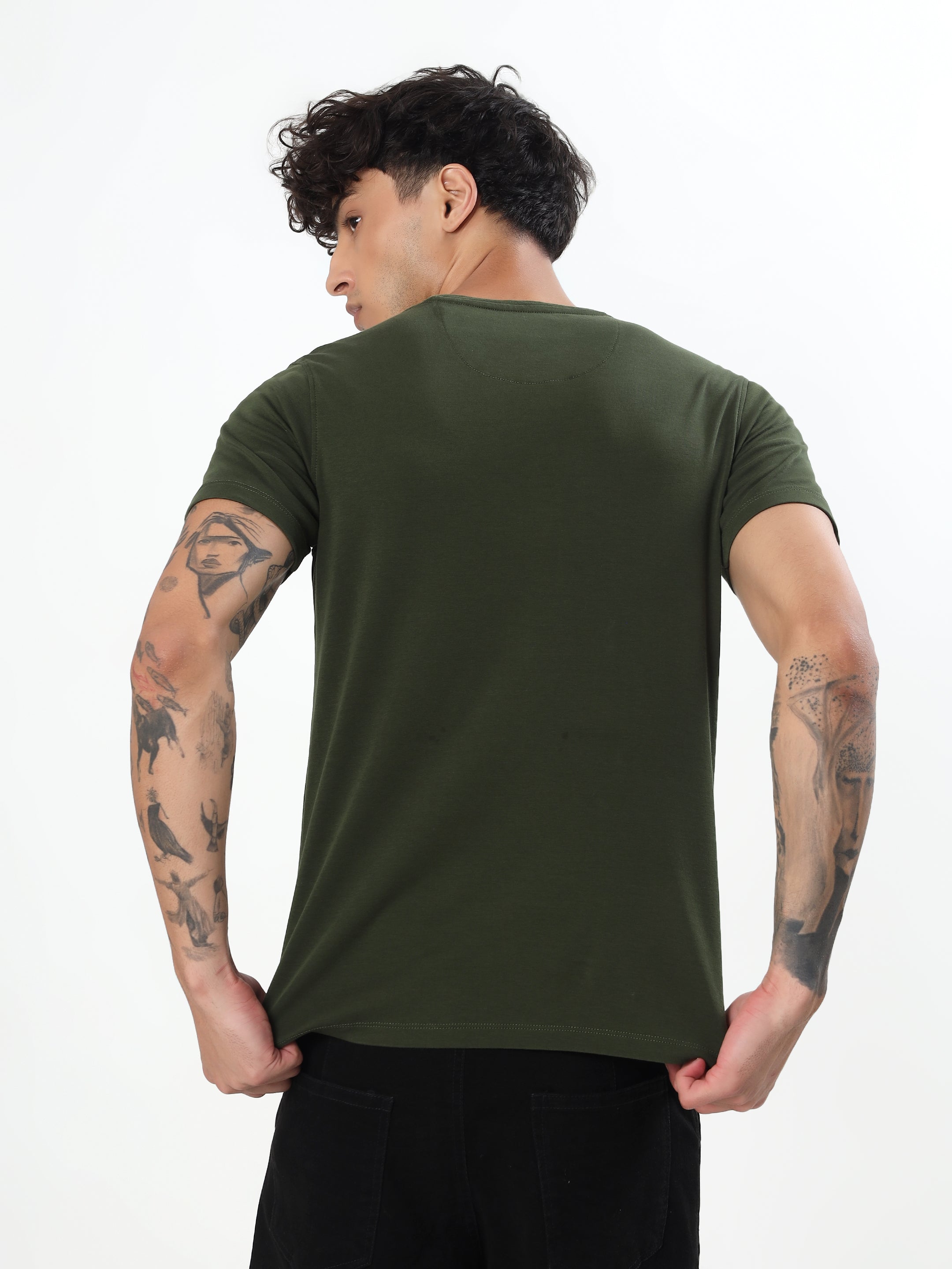 OLIVE GREEN STAY WEIRD TYPOGRAPHY GRAPHIC T-SHIRT