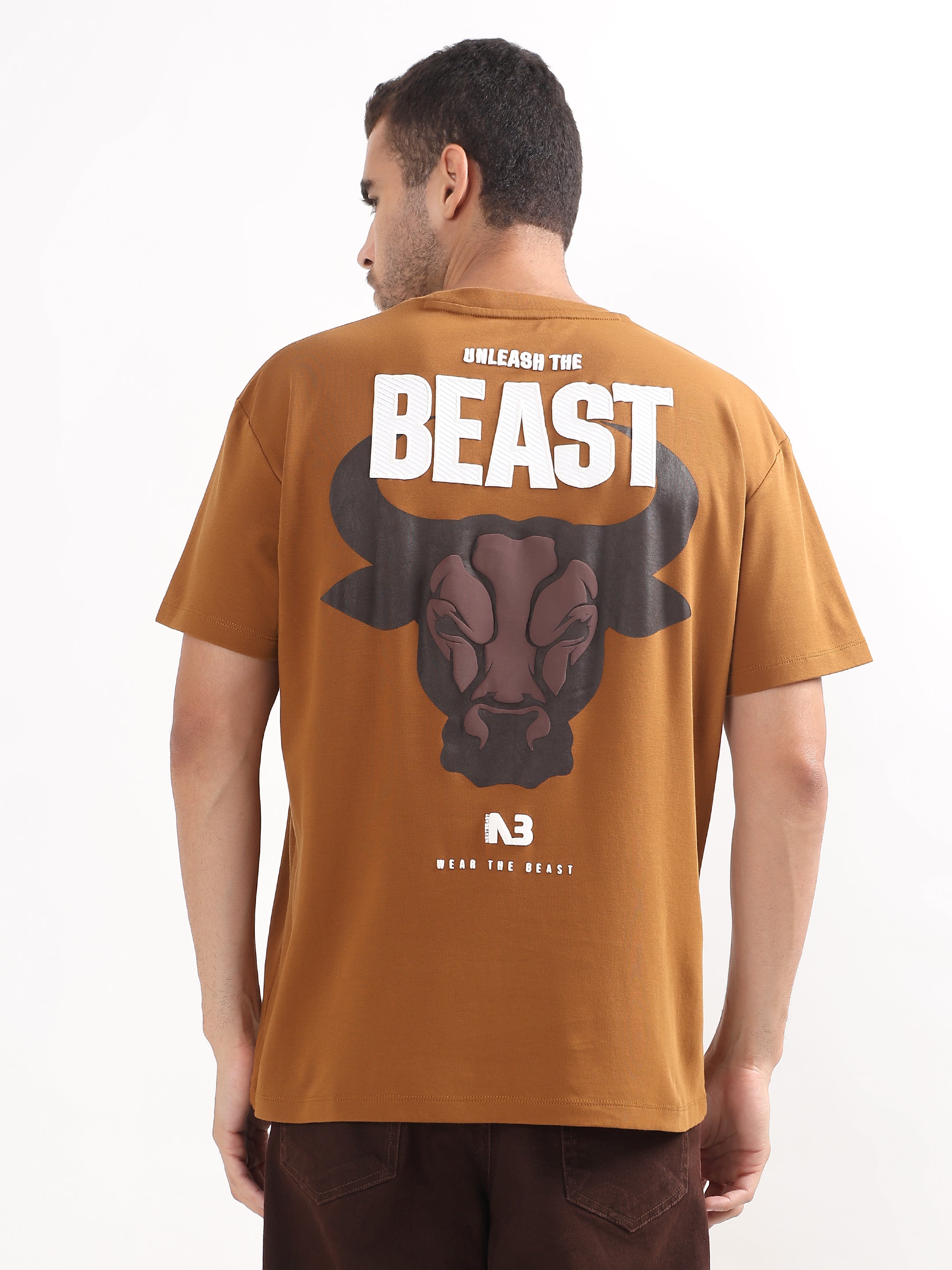 MUSTARD BROWN BEAST GRAPHIC OVERSIZED T-SHIRT
