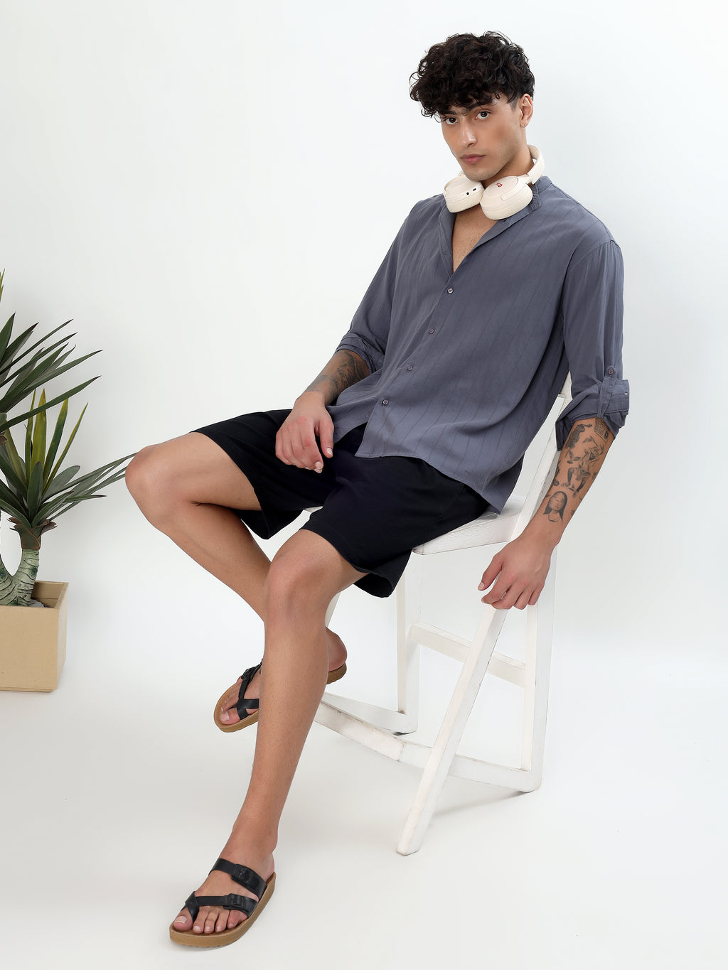 SEERSUCKER MANDARIN COLLAR GREY