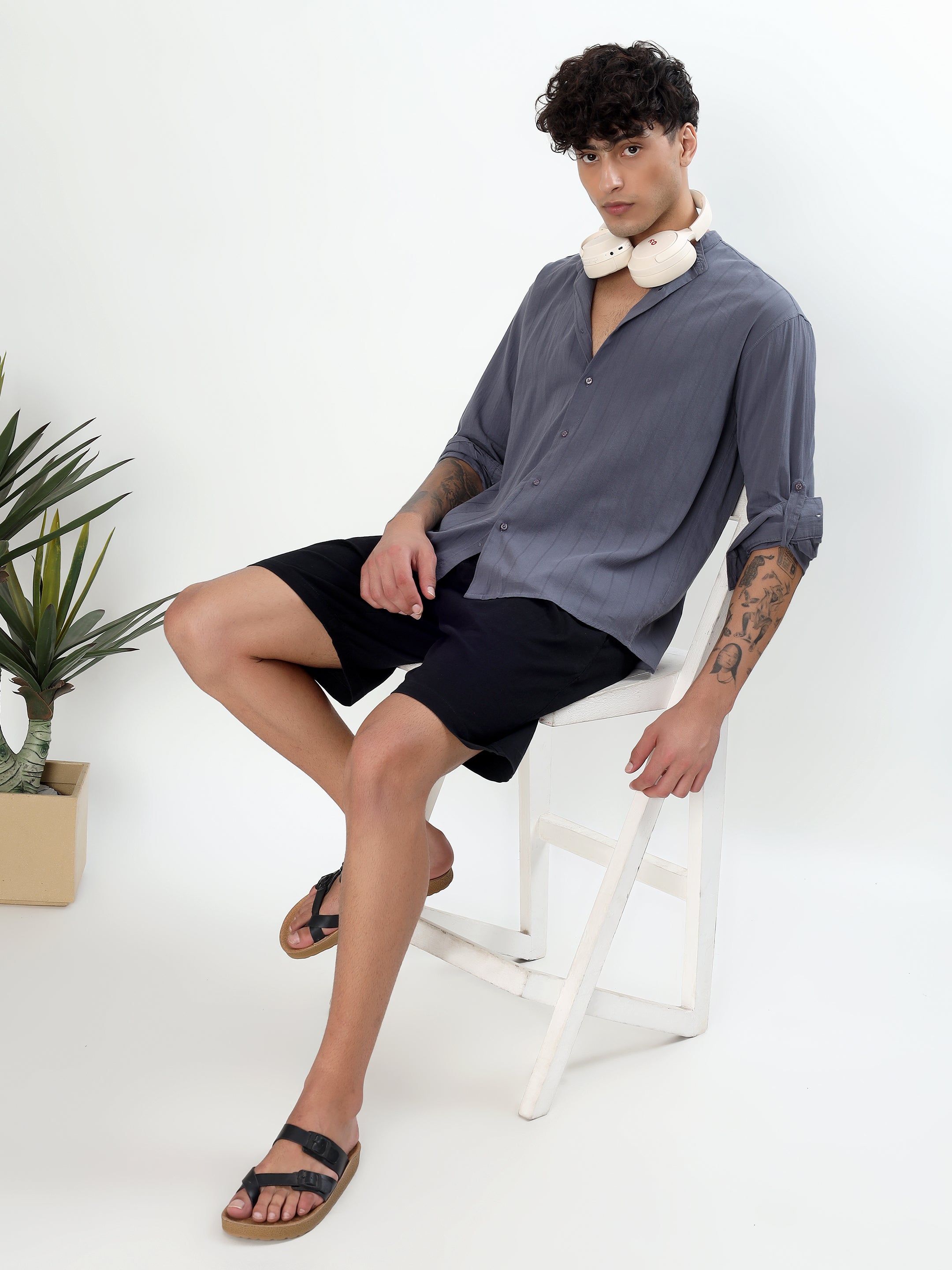 SEERSUCKER MANDARIN COLLAR GREY