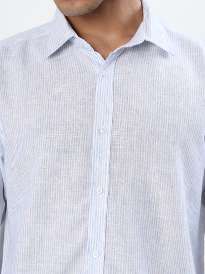 WHITE AND ICE BLUE TEXTURED PINSTRIPES FULL SLEEVE LINEN BLEND SHIRT