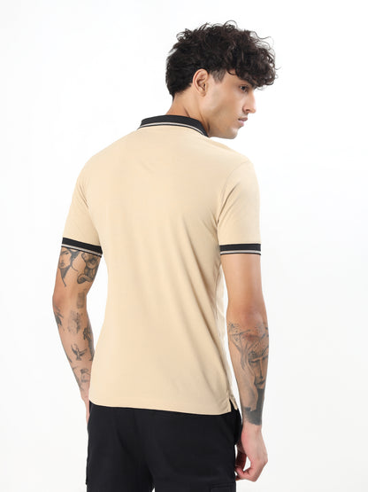 SUBTLE TEXTURED CONTRAST COLLAR POLO T-SHIRT - CREAM
