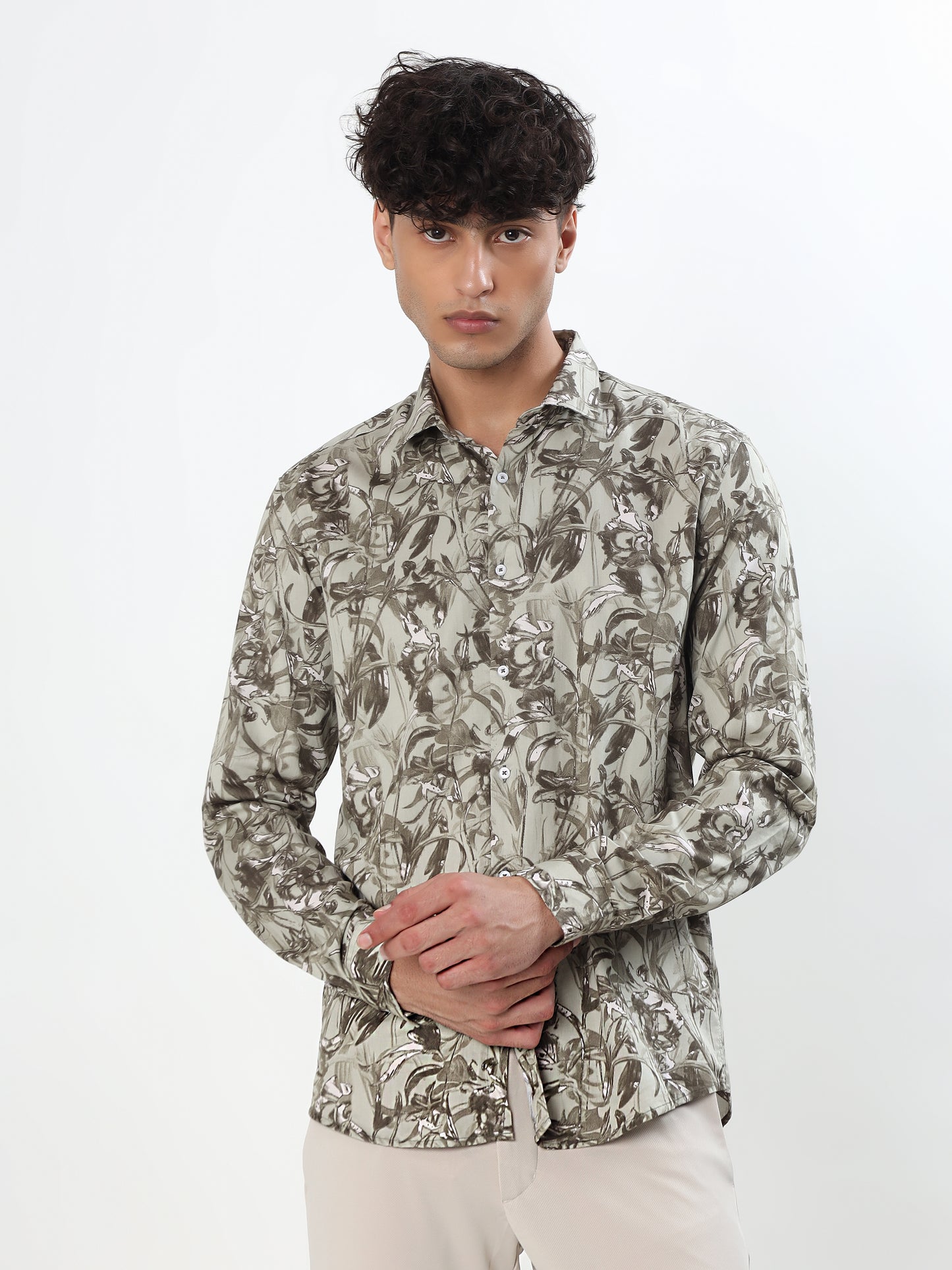 OLIVE GREEN AND KHAKI ABSTRACT TROPICAL CASUAL SHIRT