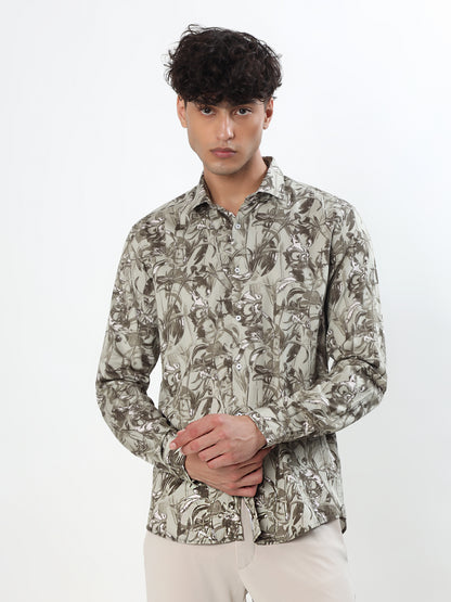 OLIVE GREEN AND KHAKI ABSTRACT TROPICAL CASUAL SHIRT
