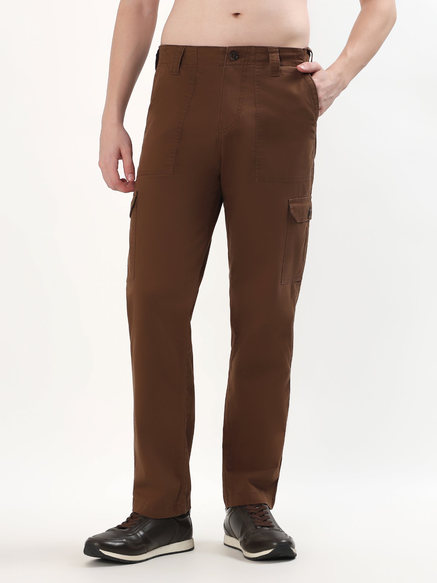 DARK BROWN PATCH-POCKET UTILITY CARGO PANTS