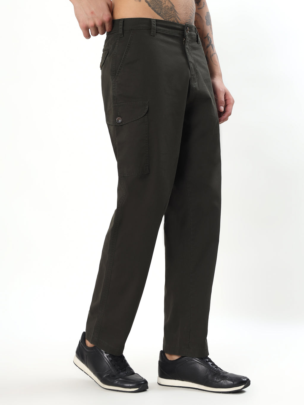 MEN OLIVE GREEN FIT FLAT-FRONT CARGO PANTS