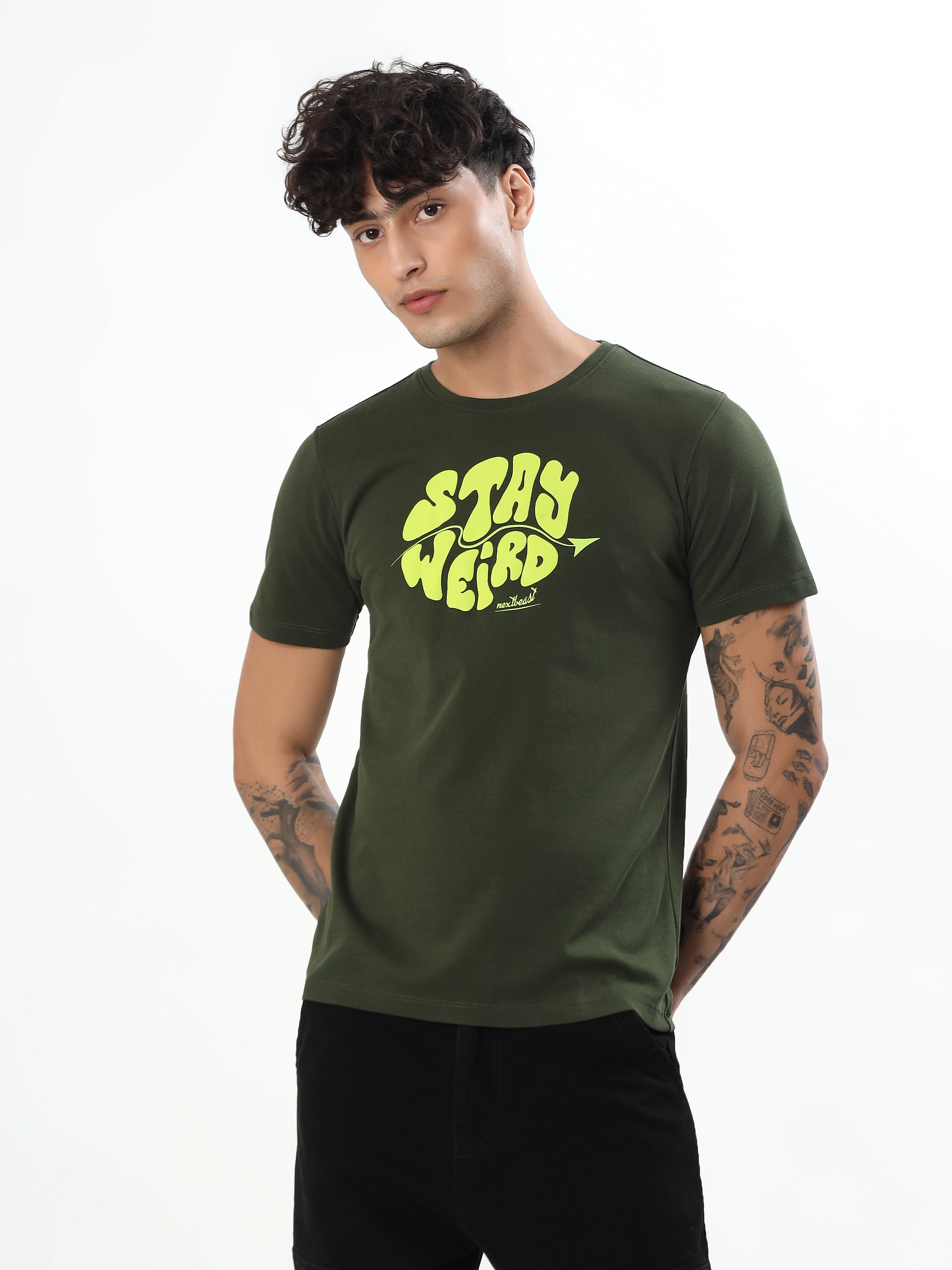 OLIVE GREEN STAY WEIRD TYPOGRAPHY GRAPHIC T-SHIRT