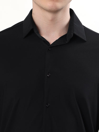 JET BLACK PREMIUM STRETCH KNIT / NYLON-SPANDEX BLEND FULL SLEEVE SLIM FIT SHIRT