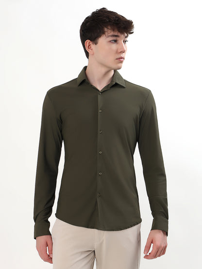 OLIVE GREEN PREMIUM STRETCH KNIT / NYLON-SPANDEX BLEND FULL SLEEVE SLIM FIT SHIRT