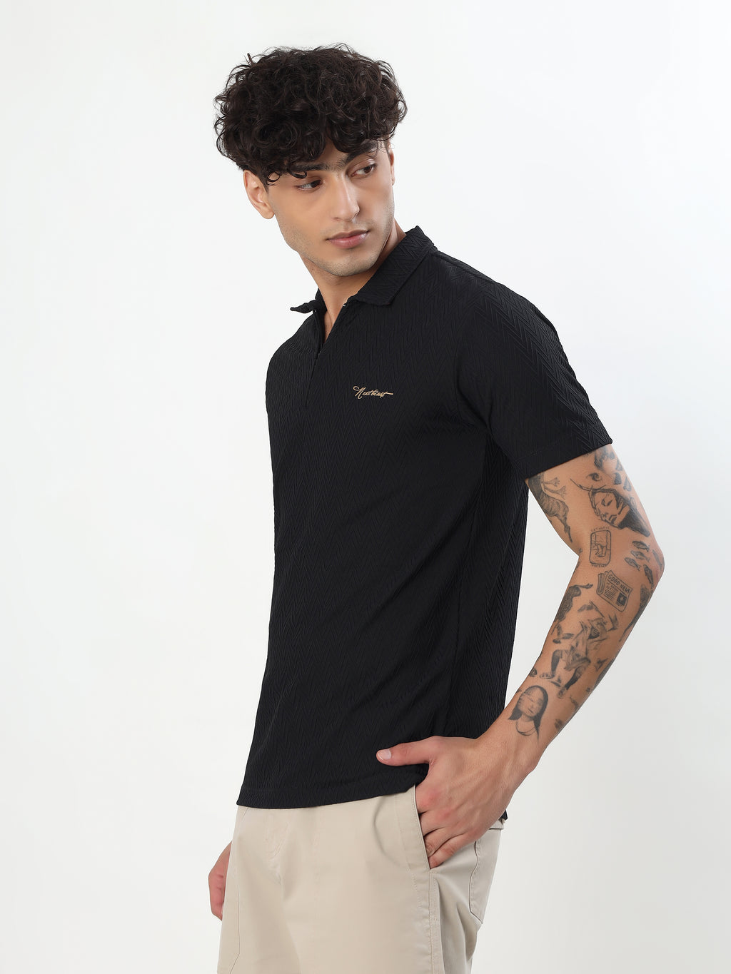 BLACK TEXTURED ZIP POLO T-SHIRT