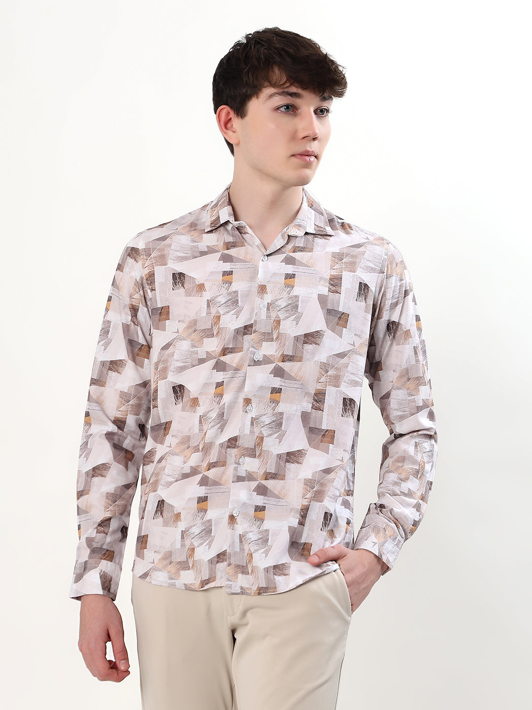 OFF-WHITE, BEIGE, TAUPE & BROWN ABSTRACT GEOMETRIC PRINT